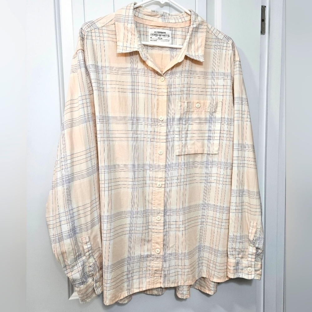 REI Long Sleeve Button Up Cotton Shirt-Plus Size 2x-Peach, Cream, Blue Plaid